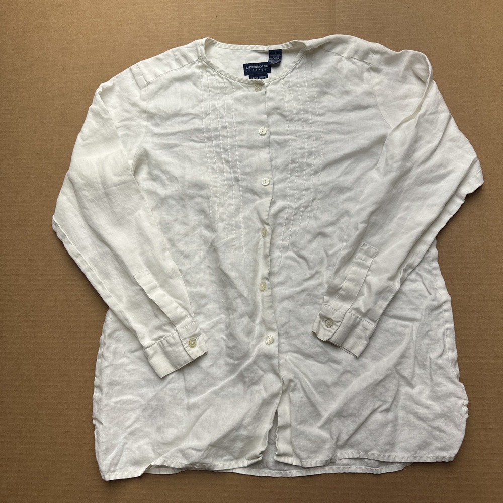 Liz Claiborne Vintage Sport 100% Irish Linen Blouse Womens Sz M White Button-Up